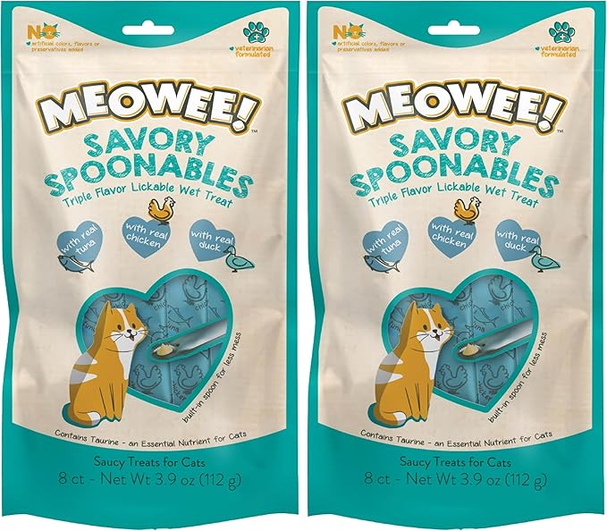 MEOWEE! Savory Spoonables with Real Tuna, Chicken & Duck, 8 Count Tube, Triple Flavor Squeezable Lickable Wet Treats for Cats with Built-in Spoon for Less Mess (Pack of 2)