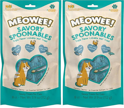 MEOWEE! Savory Spoonables with Real Tuna, Chicken & Duck, 8 Count Tube, Triple Flavor Squeezable Lickable Wet Treats for Cats with Built-in Spoon for Less Mess (Pack of 2)