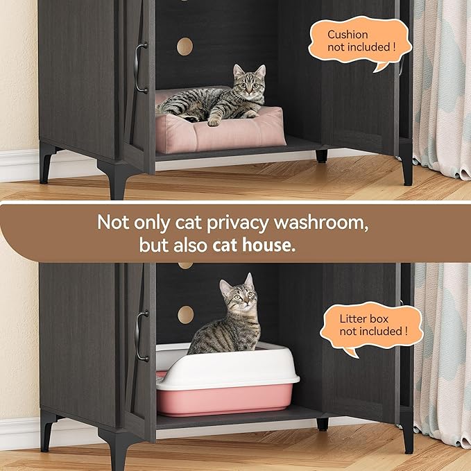 GarveeLife Cat Litter Box Enclosure with Shelves, Litter Box Cabinet, Hidden Cat Box Furniture with Scratching Mat, Wood Sturdy Cat Washroom Storage, Indoor Cat House, Walnut
