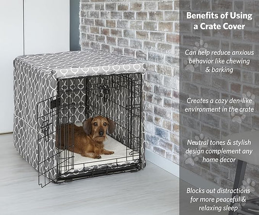MidWest Homes for Pets Medium Dog Crate Cover with Teflon Fabric Protector, Poly-Cotton Privacy Kennel Cover Fits Most 30-inch Crates, Gray Designer Print, Washable, Reduces Barking