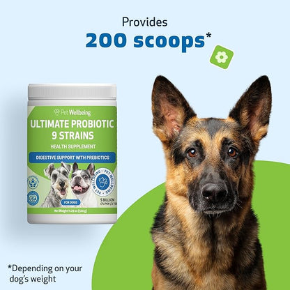 Pet Wellbeing Ultimate Probiotic 9 Strains for Dogs & Cats - Supports the Gut Microbiome and Digestion, Immune System Care, Urinary Tract Health, FOS, 2.5 Billion CFU - 11.29 oz (320 g) Powder