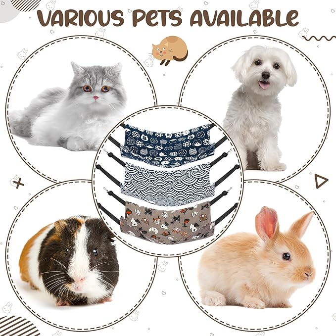 Barydat 6 Pcs Reversible Cat Hammock Bed 18.9 x 15 Inch Soft Breathable Double Sided Pet Ferret Cage Hammock with Adjustable Straps Hanging for Kitten Puppy or Small Pet (Fabric)