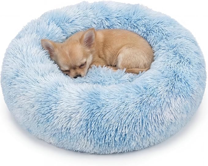 Tiny Dog Bed 15 Inch for Extra Small Dogs,Washable Puppy Bed,Soft Faux Fur Calming Donut Bed for Chihuahua Yorkie Maltese Pomeranian,Blue and White