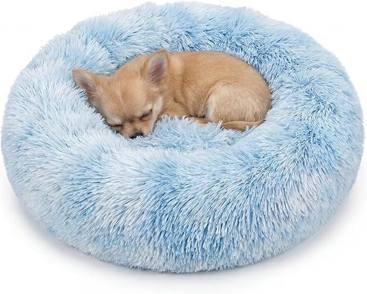 Tiny Dog Bed 15 Inch for Extra Small Dogs,Washable Puppy Bed,Soft Faux Fur Calming Donut Bed for Chihuahua Yorkie Maltese Pomeranian,Blue and White