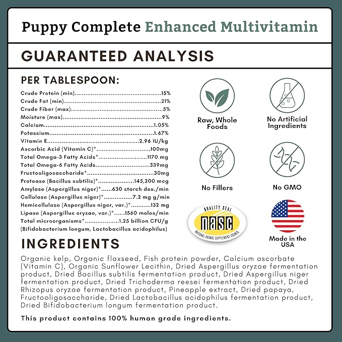 Wholistic Pet Organics Puppy Complete - Dog Multivitamin Powder - Daily Dog Vitamins and Supplements for Homemade Food - Immune System, Skin, Coat & Overall Health - All Breeds of Puppies - 22 Scoops