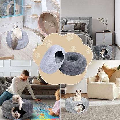Tunnel Bed for Indoor,cattasaurus Peekaboo cat cave for Multiple,Detachable Felt Felt Washable Interior for Indoor Cats,Donut Tunnel -24inch (Light Gray + Dark Gray)