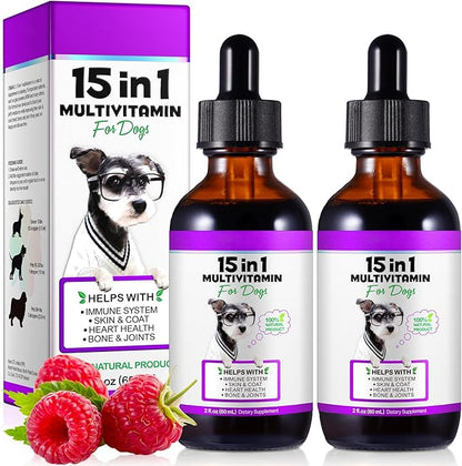 Dog Multivitamin Liquid - 15 in 1 Dog Vitamins Multivitamin, Support Skin & Coat, Heart, Bones and Joint Health, Pet Vitamins and Supplements (2 Fl Oz (Pack of 2))