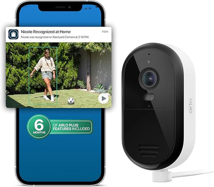 Arlo Essential Security Camera 2K (2025 Release) + 6 Months of Secure Plus Plan - Continuous Wired Plug-in Power Outdoor Camera, Person Recognition, Package Detection, Animated Preview, 1 Cam, White