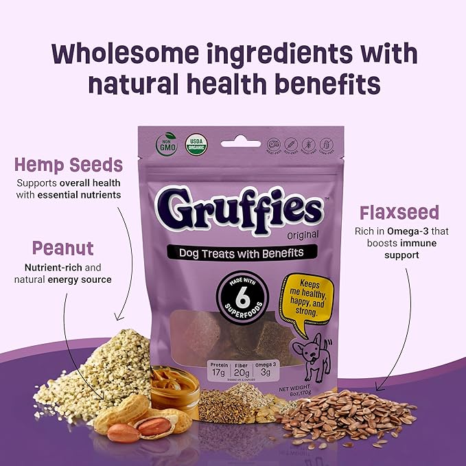 Gruffies Organic Dog Treats – Peanut Butter Flavor with Superfoods – High Protein & Omega-3 – No Fillers – Non-GMO – Vet Approved – Made in Canada – 6 oz (Pack of 6)