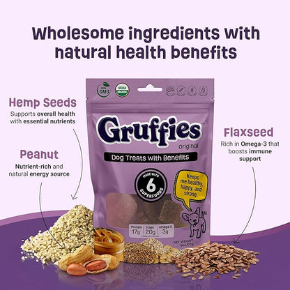 Gruffies Organic Dog Treats – Peanut Butter Flavor with Superfoods – High Protein & Omega-3 – No Fillers – Non-GMO – Vet Approved – Made in Canada – 6 oz (Pack of 6)