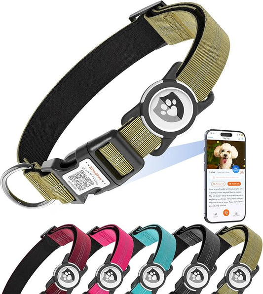 Reflective Dog Collar with AirTag Holder for Medium Dogs Soft Nylon Champagne Sized S