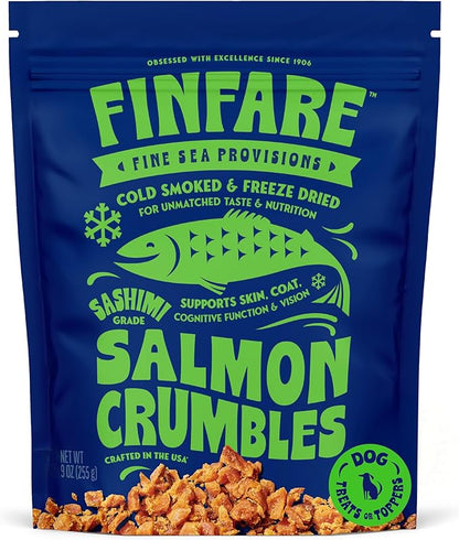 Finfare Freeze Dried Dog Food Toppers, Salmon Crumbles, Protein & Omega-3s, Grain Free Salmon Training Treats and Meal Toppers for Dogs, Crafted in USA, 9oz