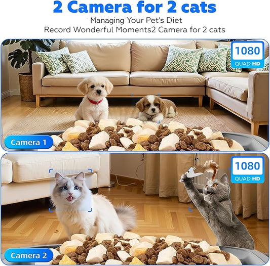 TYM Automatic Cat Feeder with 2 Camera for 2 Cats, 7L Dog Food Dispenser with Night Vision 2K 4MP, 5G WiFi Dual Auto Cat Feeder with Smart App for Multiple Cats & Small Dogs, Detachable for Clean