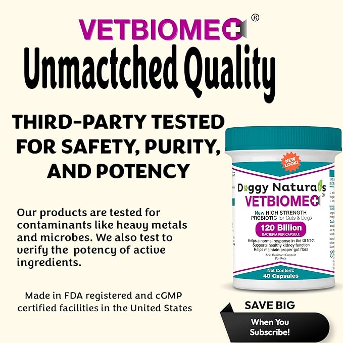 Vetbiome Plus High Strength Probiotics for Pets (80 Capsules) - 120 Billion CFU, 9 - Strain Formula – Third Party Tested - Made in U.S.A (80 Caps (2 Pack))