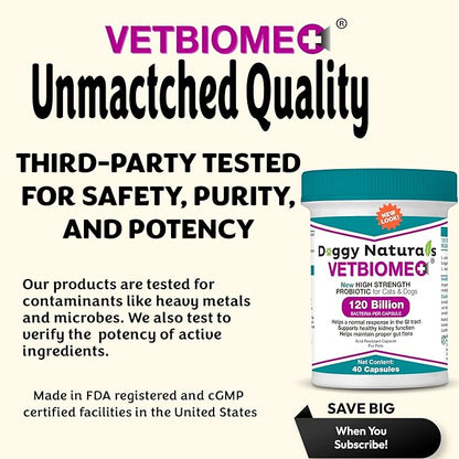 Vetbiome Plus High Strength Probiotics for Pets (120 Capsules) - 120 Billion CFU, 9 - Strain Formula – Third Party Tested - Made in U.S.A (120 Caps (3 Pack))