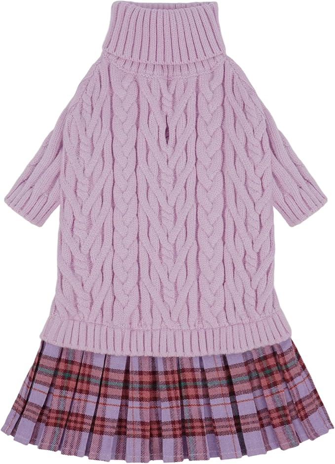IECOii Girl Dog Sweater Dress - Cable Knit Dog Sweater for Small Dogs Girl - Purple,Medium, Turtleneck Pullover Sweaters with Tartan Plaid Skirt, Adorable Warm Dog Knitted Dress for Christmas