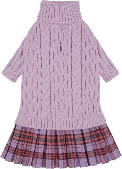 IECOii Girl Dog Sweater Dress - Cable Knit Dog Sweater for Small Dogs Girl - Purple,Medium, Turtleneck Pullover Sweaters with Tartan Plaid Skirt, Adorable Warm Dog Knitted Dress for Christmas