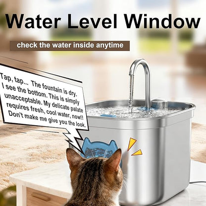 Homtyler Luxury Automatic Cat Water Fountain for Pets, 2.2L/74oz Stainless Steel Dog Water Dispenser with Filter, BPA Free & Silent, Featuring LED Light, Easy Clean & Cat View Window