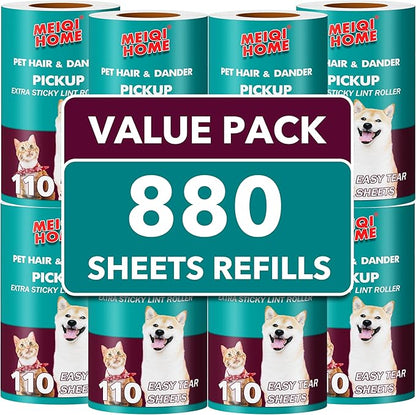 MEIQIHOME Extra Sticky Lint Roller Refills Only, 880 Easy-Tear Sheets for 3.9"-4" Lint Rollers with 1.5" Inner Diameter for Pet Hair Removal on Clothes, Furniture, and Carpets