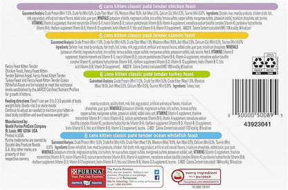 Fancy Feast Purina Tender Ocean Whitefish,Turkey,Chicken and Salmon Feasts Wet Kitten Food Variety Pack - 3 oz. Boxes,(Pack of 48)