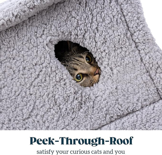 Pelzin Cat Houses for Indoor Cats - Large Cat Cave Bed with Removable Support Foam and Washable 2-Side Mat - Covered Cat Bed for Cat Hideaway - Enclosed Cat Hideout for Kitten and Small Pet, Grey