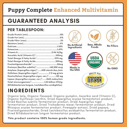 Wholistic Pet Organics Puppy Complete - Dog Multivitamin Powder - Daily Dog Vitamins and Supplements for Homemade Food - Immune System, Skin, Coat & Overall Health - All Breeds of Puppies - 22 Scoops
