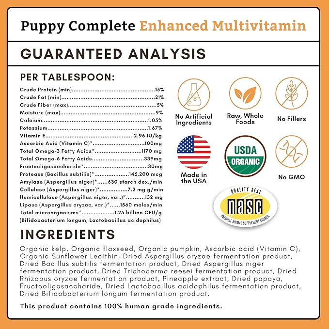 Wholistic Pet Organics Puppy Complete - Dog Multivitamin Powder - Daily Dog Vitamins and Supplements for Homemade Food - Immune System, Skin, Coat & Overall Health - All Breeds of Puppies - 45 Scoops