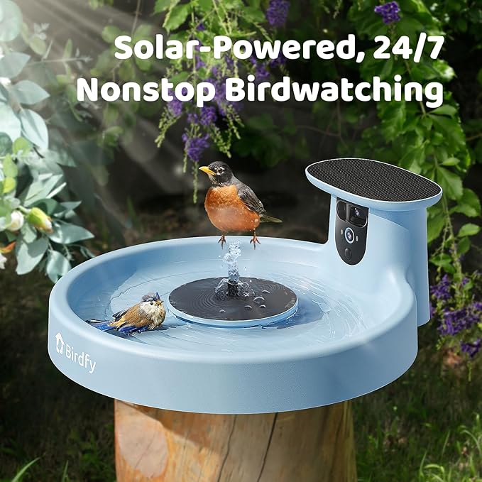Birdfy Smart Bird Bath with Camera Solar Powered & Fountain, Dual-Lens Camera for Wildbird Watching, Auto Capture Bird Videos & Motion Detection - AI by Subscription (Blue)