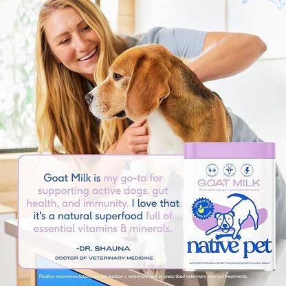 Native Pet Goat Milk Powder - Dog Food Topper for Active Dogs - Post-Activity Recovery, Energy, Immune Support, Hydration & Bone Health - Whole Goat Milk with MCTs & Essential Minerals - 60 Scoops