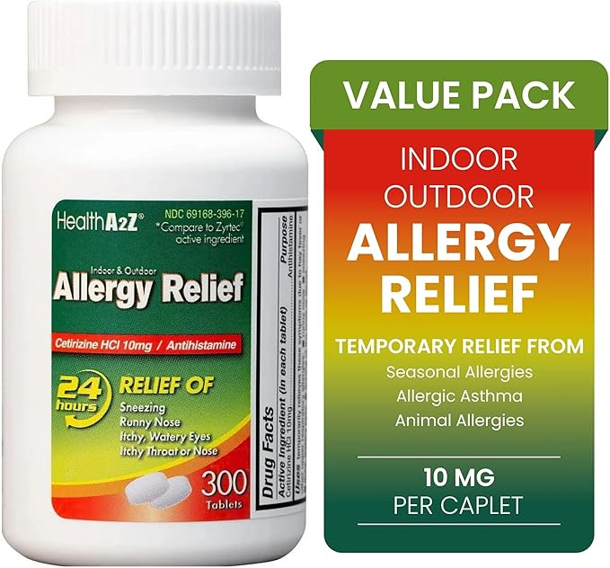 HealthA2Z® Allergy Relief, Cetirizine 10mg, Dye Free, All Day Allergy Relief, Indoor & Outdoor, Relief from Itchy Throat, Sneezing, Runny Noses, 300 Count (Pack of 1),