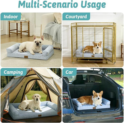 Cooling Dog Bed, Orthopedic Foam Dog Bed with Sides, Removable Cover & Waterproof Lining and Nonskid Bottom, Comfortable Pet Beds for Extra Large Dogs, Blue (48" L x 32" W x 7.5" Th)