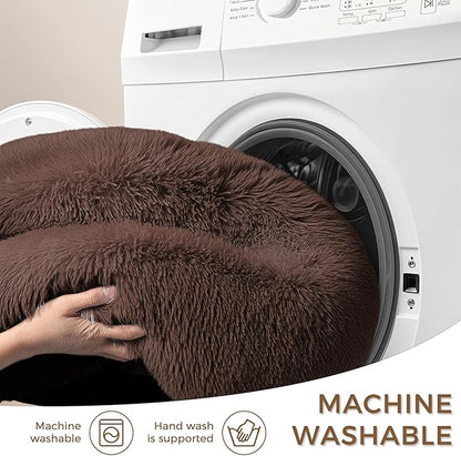 Calming Dog Bed & Cat Bed with Anti-Slip Bottom, Medium Size Washable Anti-Anxiety Donut Dog Beds for Small Dogs & Cats, Fluffy Plush Cozy Round Dogs Bed(24 Inch, Dark Brown)
