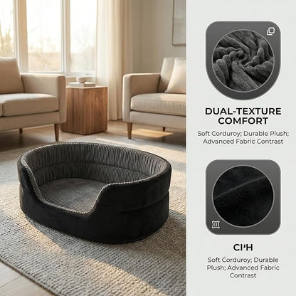 Small Dog Bed Cat Bed 16x20 Inch, Calming Pet Bed for Puppies, Teacup Dogs & Kittens, Half-Enclosed Open-Top Velvet Anti-Anxiety Bed, Machine Washable Cozy Snuggle Bed (Black)