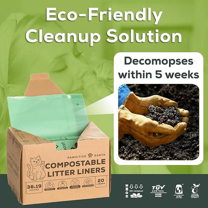 Cat Litter Box Liners 100% Compostable - Drawstring Close - 20 Count - Jumbo Size 36" x 19" - Tear & Leak Resistant - OK Compost Home Certified