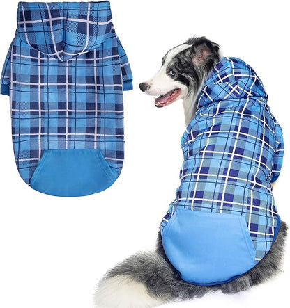 EXPAWLORER Plaid Dog Hoodie - British Style Warm Dog Sweater Shirt with Leash Hole,Pitbull Clothes Outfits,Winter Coat Apparel for All Breeds Puppy Girl Boy-Cat Apparel,Blue X-Large
