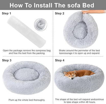 Dog Calming Beds for Small Medium Dogs - Round Donut Washable Dog Bed, Anti-Slip Faux Fur Fluffy Donut Cuddler Anxiety Cat Bed(16" Light Grey)