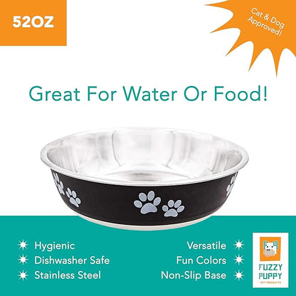 Fuzzy Puppy Food & Water Bowl for Dogs & Cats | Designer Series: Paw Print Detail, Stainless Steel & Black, 52 oz (FPP-Black L)
