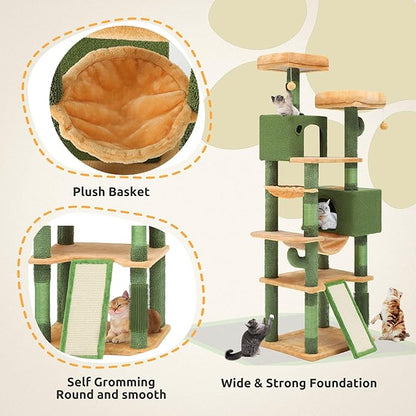 DWVO Cactus Cat Tree for Large Cats: 76" Tall with Self-Grooming Brush, Cute Kitten Climbing Tower for Indoor Kittens with Cat Condo, Top Perch, Basktet, Sisal Scratching Posts, Dangling Ball
