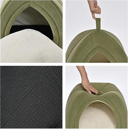 Amazon Basics Cat Cave Bed, 2-in-1 Foldable House for Indoor Cats, with Washable Cushion and Non-Slip Base, 17.5 x 17.5 Inches, Large, Green