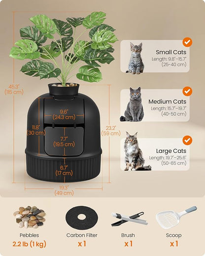 Feandrea Plant Cat Litter Box Enclosure with Artificial Plant, Enclosed Hidden Litter Box Furniture with Door, Carbon Filter, Odor Control, Pebbles, Scoop, Brush, Ink Black UPPT006B101