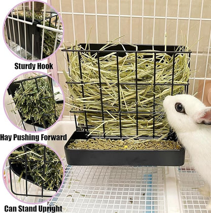 Rabbit Hay Feeder Guinea Pig Hay Holder with Hook Heavy-Duty Metal,Internal Sloping Design，Hay Feeder for Bunny,Rabbit，Chinchillas,Comes with Two Multifunctional Zippers