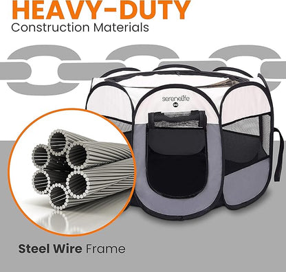 SereneLife ON-The-GO Foldable Portable Pet Tent 8-Panel Playpen for Dog & Cat w/Food/Water Bowl, Mesh, Pet House Indoor & Outdoor, Travel & Camping Pet Kennel Exercise Puppy Playground (Grey - Medium)