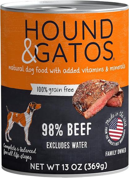 Hound & Gatos Wet Dog Food, 98% Real Meat, Single Protein Beef Recipe, Supports Digestive Health, High Protein, Limited Ingredients, Grain Free 13 oz. Cans (Pack of 12)