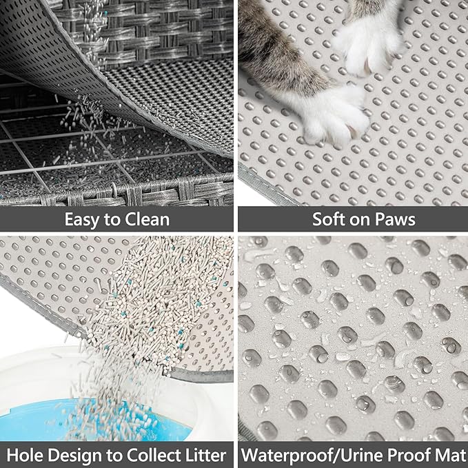 Cat Litter Box Enclosure Furniture Hidden, Pet House Litter Box Furniture for Large Cats, Handwoven Rattan with Door Cat Washroom Box, Indoor Cat House Storage with Soft Litter Mat, Grey
