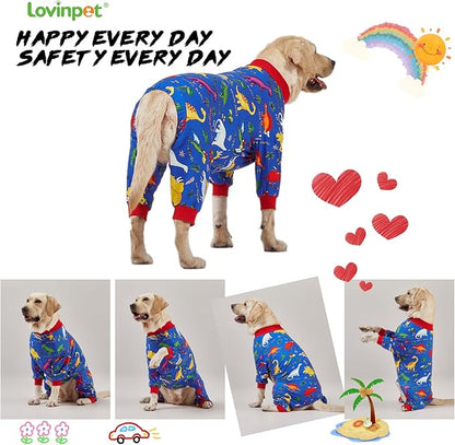 LovinPet Pitbull Large Dog Clothes, Wound Care/Post Surgery Dog Clothes, Lost World Dinosaurs Print, UV Protection, Pet Anxiety Relief, Large Dog Onesies, Pet PJ's /2XL