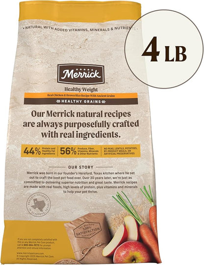 Merrick Healthy Grains Premium Adult Dry Dog Food, Wholesome and Natural Kibble, Healthy Weight Recipe - 4.0 lb. Bag
