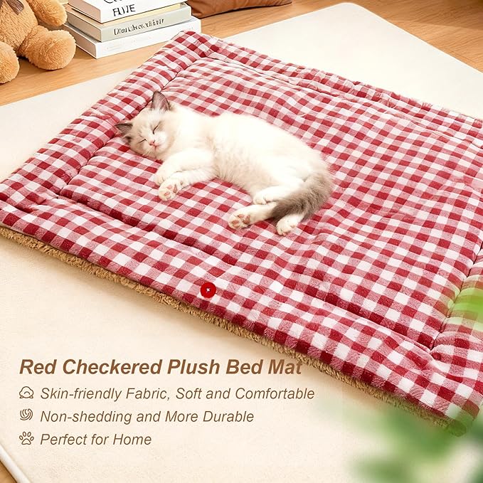 Jiupety Cat Bed for Indoor Self Warming Cat Bed Mat Ultra-Soft Plaid Dog Beds Machine Washable Pet Bed,Multifunction Folding Pet Blanket for Small Dogs and Cats Red,33X25In