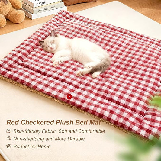 Jiupety Cat Bed for Indoor Self Warming Cat Bed Mat Ultra-Soft Plaid Dog Beds Machine Washable Pet Bed,Multifunction Folding Pet Blanket for Small Dogs and Cats Red,33X25In