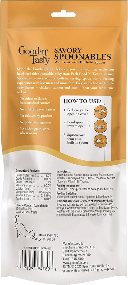 Good ‘n’ Tasty Savory Spoonables with Real Chicken, Salmon & Duck, 6 Count Tube, Triple Flavor Squeezable Lickable Wet Treats for Cats with Built-in Spoon for Less Mess