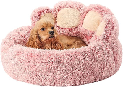Jiupety Paw Shape Calming Pet Bed, Plush Faux Fur Donut Bed for Dogs & Cats, Machine Washable, Non-Slip Bottom, Large Size (26"×26"×8"), Pink